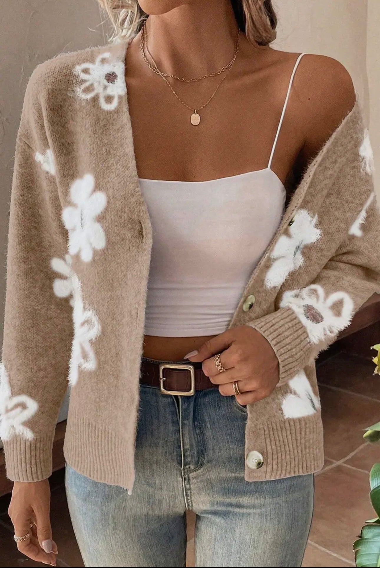 Daisy Dreams Knit Cardigan – Tan & White