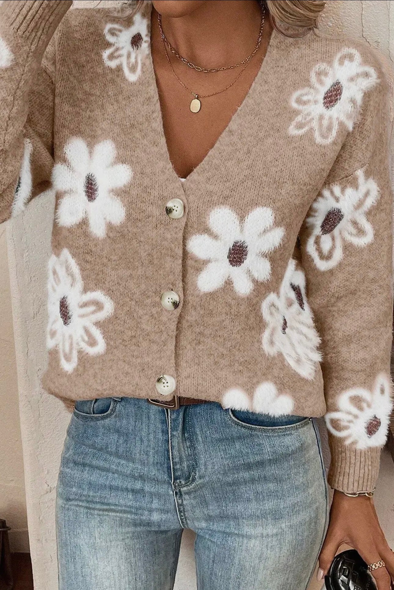 Daisy Dreams Knit Cardigan – Tan & White