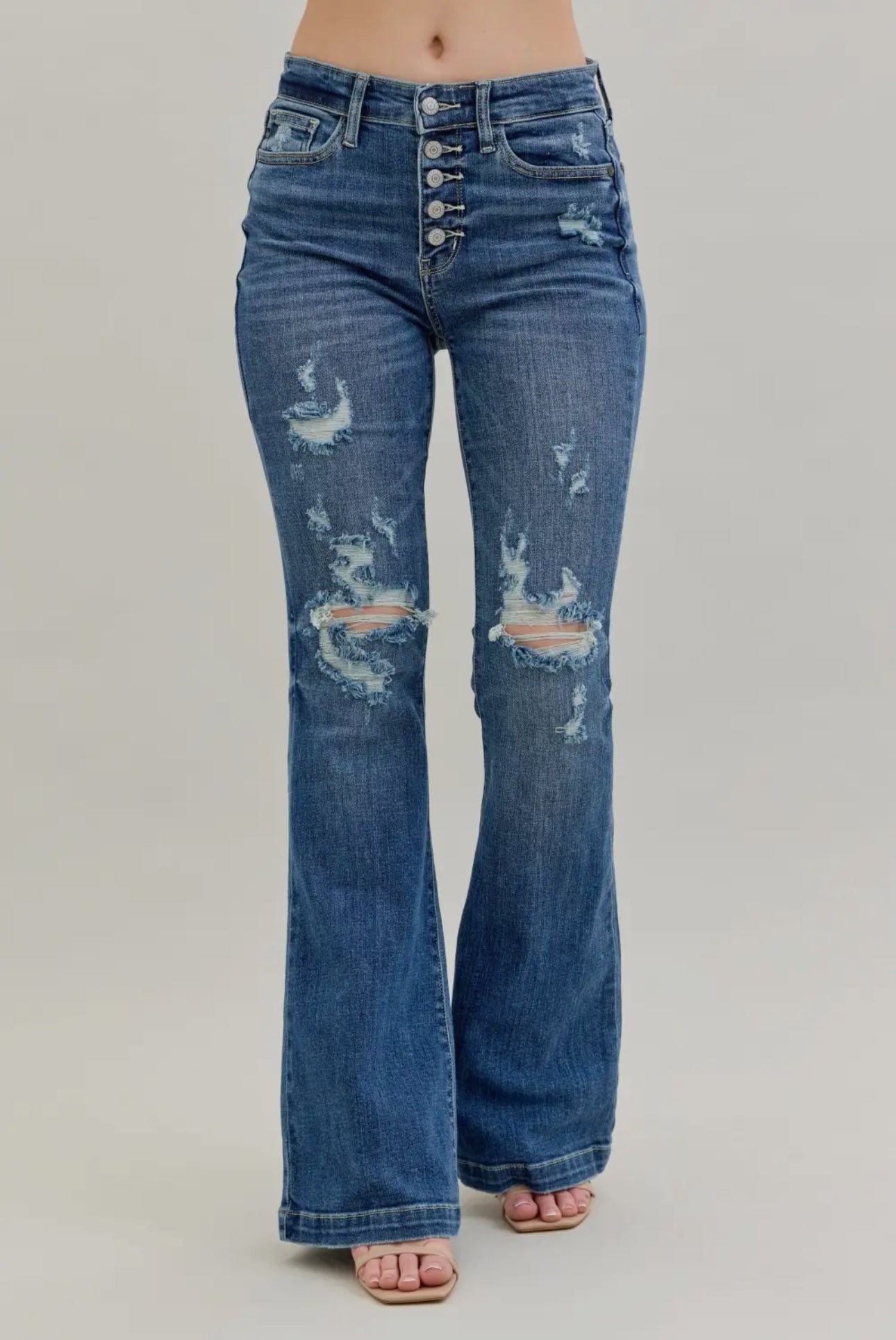 Judy Blue's Midrise Button Fly Distressed Flare