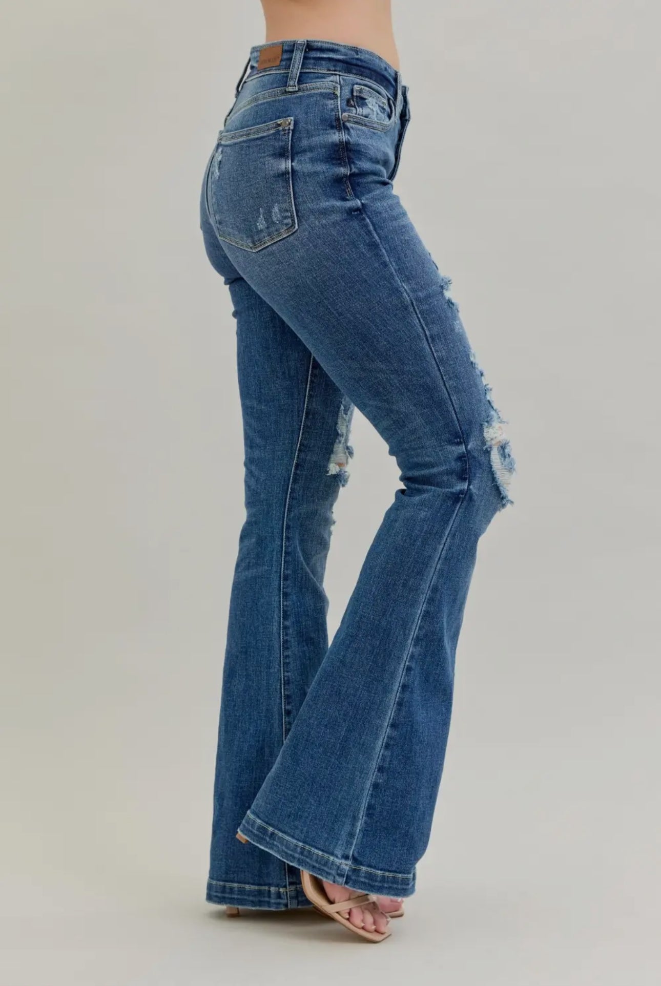 Judy Blue's Midrise Button Fly Distressed Flare