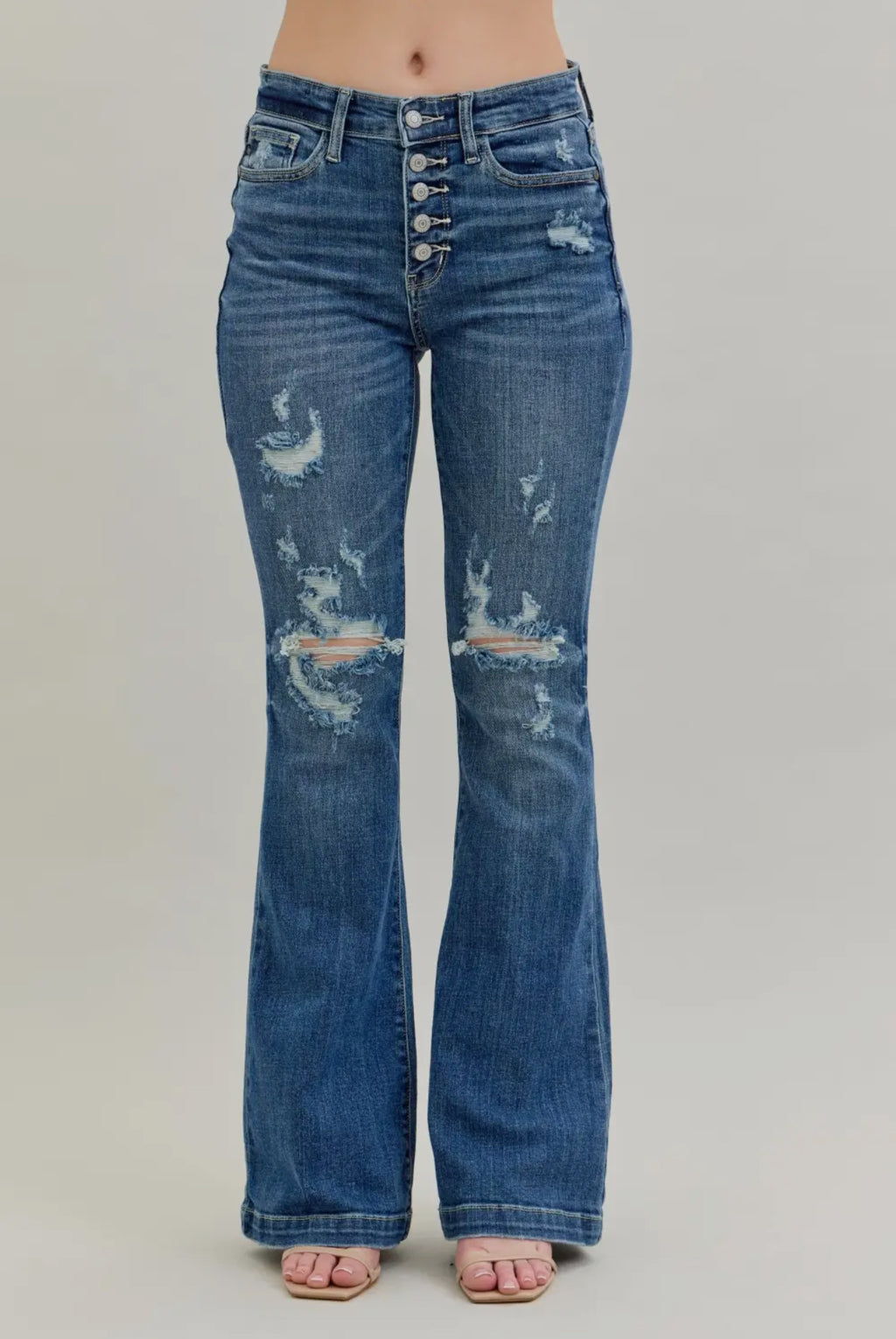 Judy Blue's Midrise Button Fly Distressed Flare