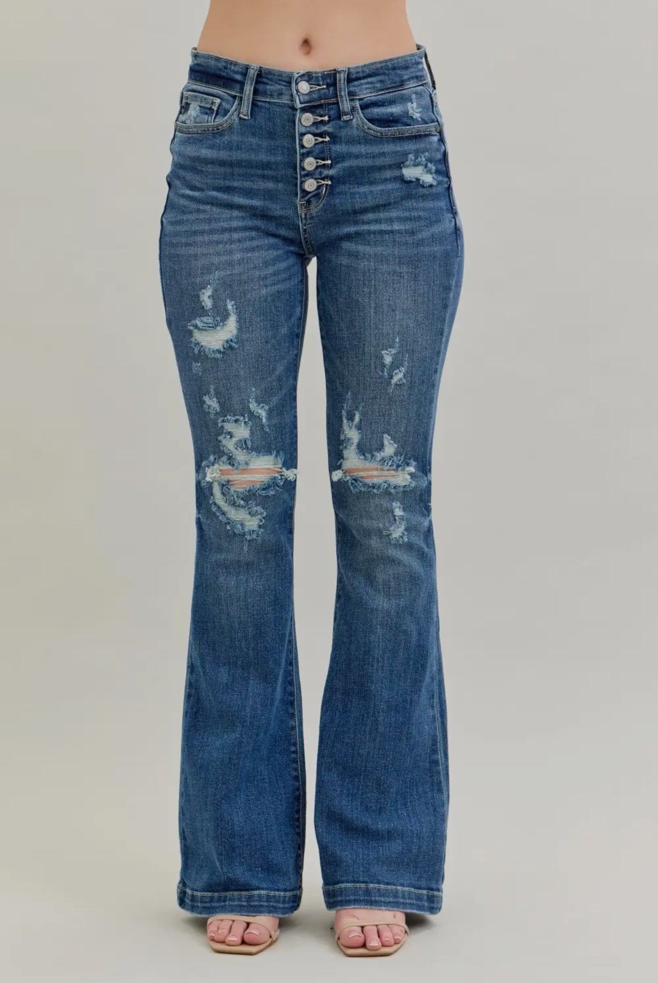 Judy Blue's Midrise Button Fly Distressed Flare