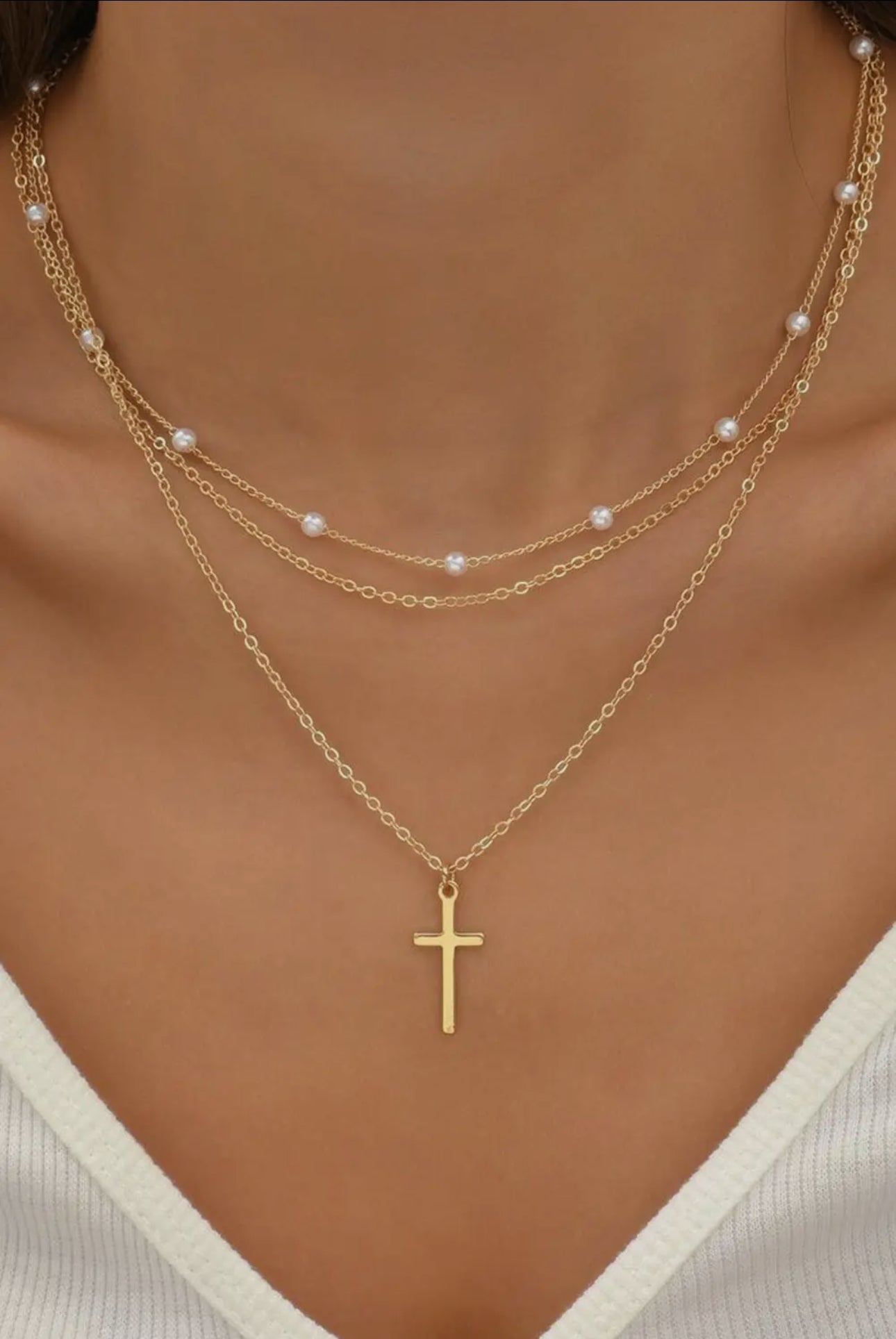 Layered Cross Necklace | Gold & Pearl Jewelry