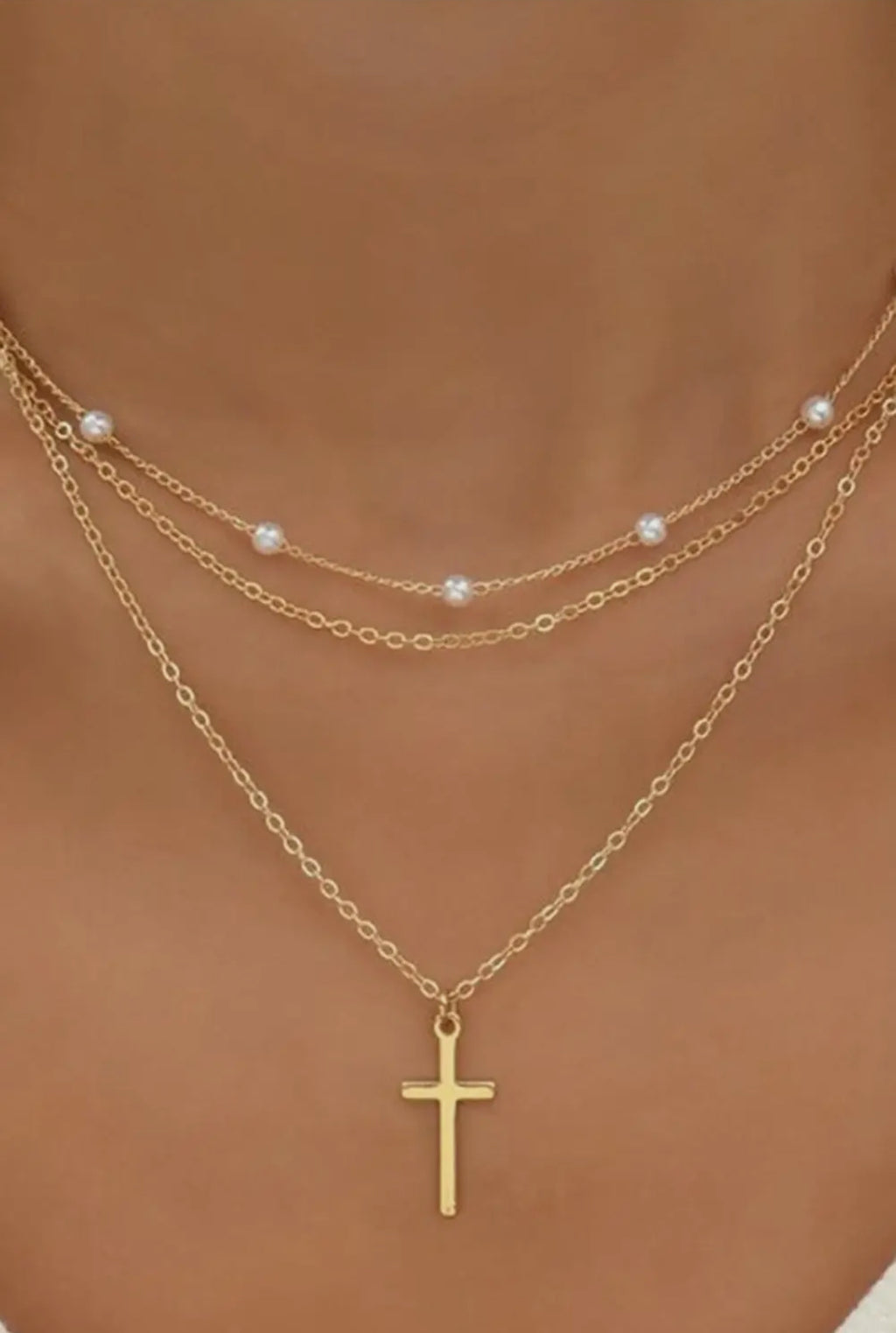 Layered Cross Necklace | Gold & Pearl Jewelry
